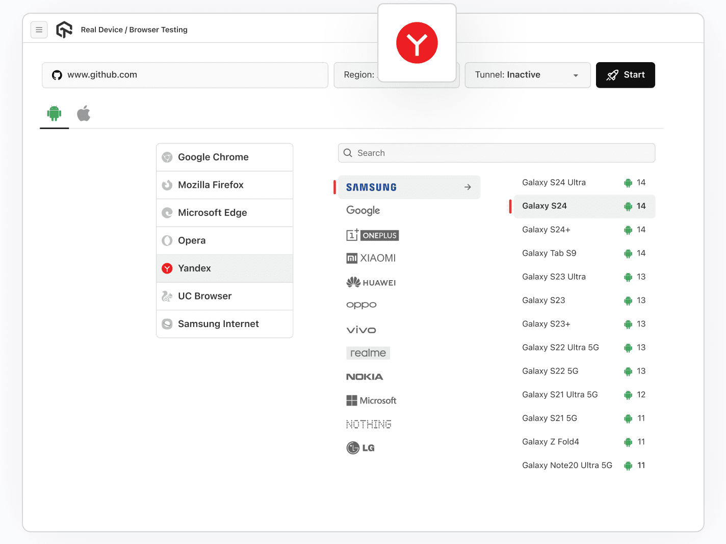 Test on Yandex Browser Online with